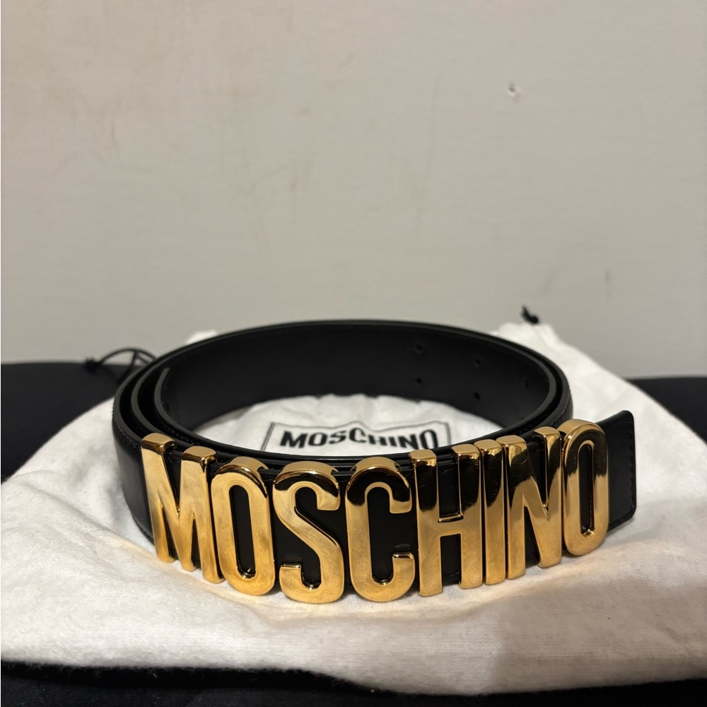 Moschino Men's Belt with Gold Lettering